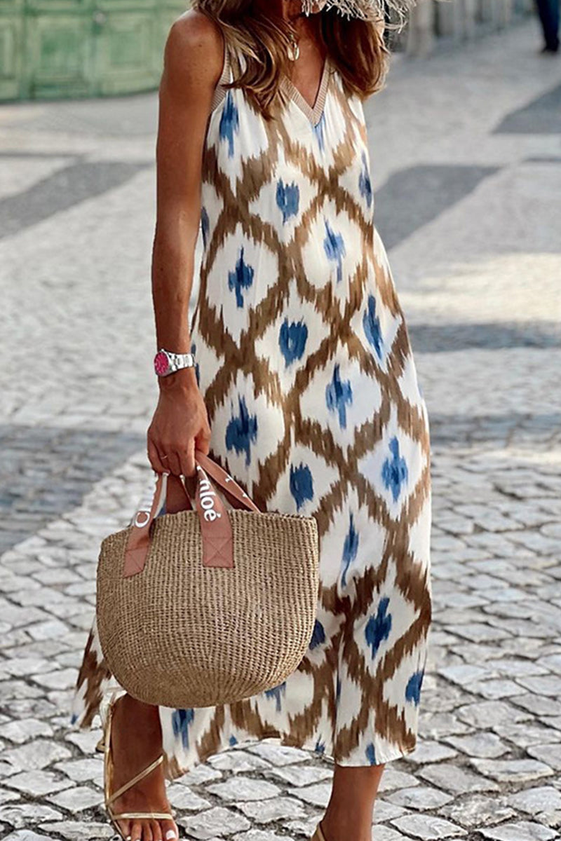 Guadalupe Minimalist Casual Sling Dresses with Geometric Print and Patchwork V Neck Everyday Luxe Edit