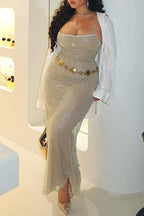 Sexy Solid Sequins Backless Sequined Square Collar Sling Dresses