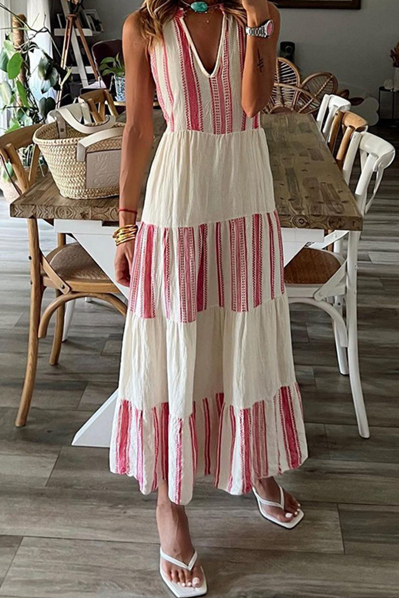 Eugenia Premium Casual Striped Patchwork V Neck Dresses Evening Wear Edit