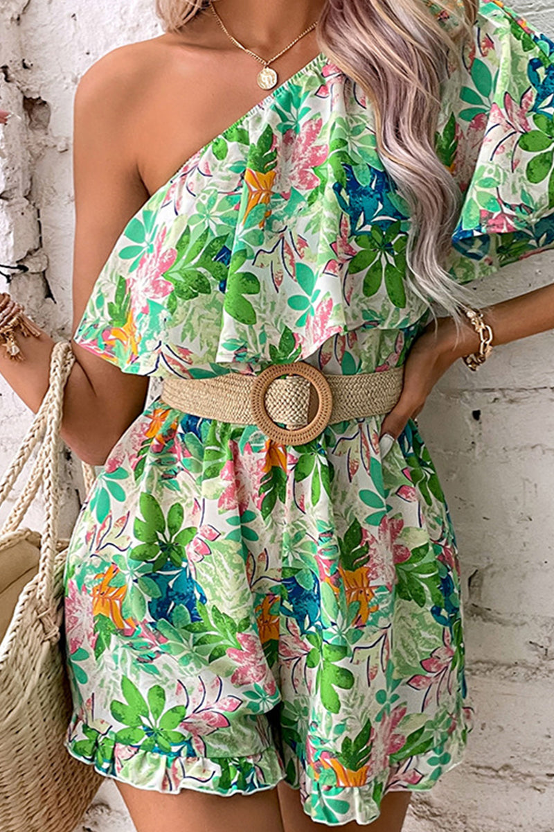 Elegant Floral Flounce Oblique Collar Loose Rompers(No Belt)