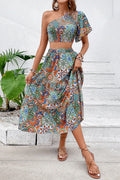 Casual Vintage Geometric Print Patchwork Oblique Collar Short Sleeve Two Pieces