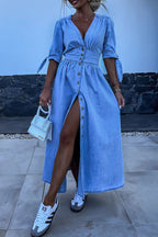 Alina Chic Solid Color Loose Denim Dresses with V Neck, Half Length Sleeves and Buckle Premium Wardrobe Essential