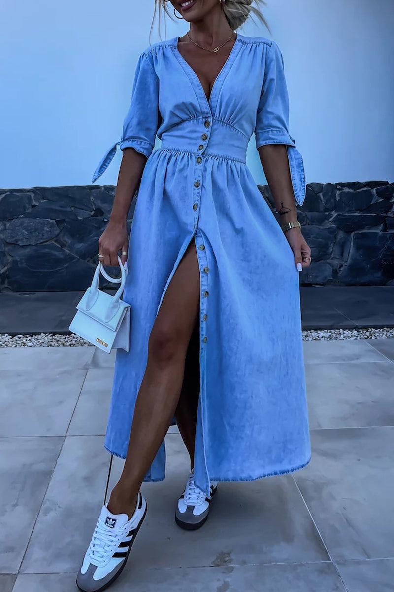 | Solid Color Loose Denim Dress with V-Neck and Half-Length Sleeves