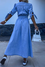 | Solid Color Loose Denim Dress with V-Neck and Half-Length Sleeves