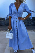| Solid Color Loose Denim Dress with V-Neck and Half-Length Sleeves