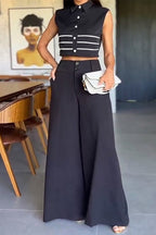 British Style Elegant Striped Patchwork Pocket Buckle Turndown Collar Sleeveless Two Pieces