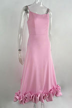 Celebrities Elegant Solid Fold Square Collar Sling Dresses