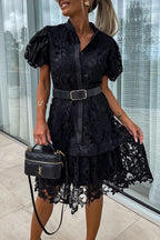 Valeria Effortless Solid Hollow Out Buttons with Belt, Turn Down Collar, a Line Dresses Designer Edit