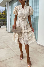 Valeria Effortless Solid Hollow Out Buttons with Belt, Turn Down Collar, a Line Dresses Designer Edit