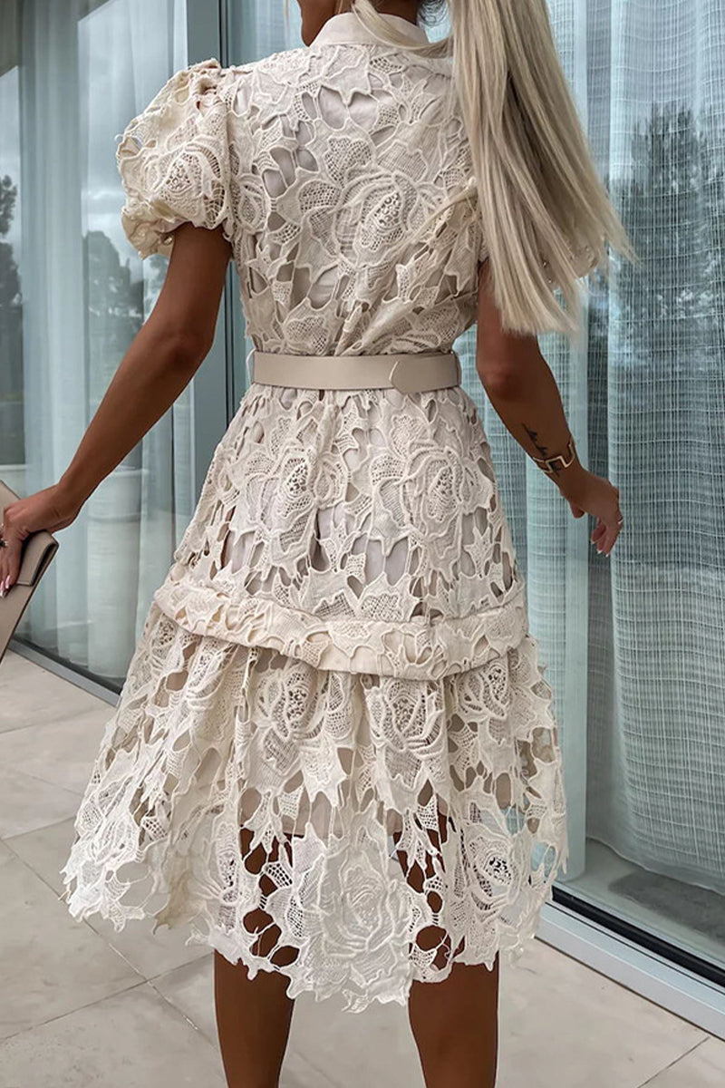 Valeria Effortless Solid Hollow Out Buttons with Belt, Turn Down Collar, a Line Dresses Designer Edit
