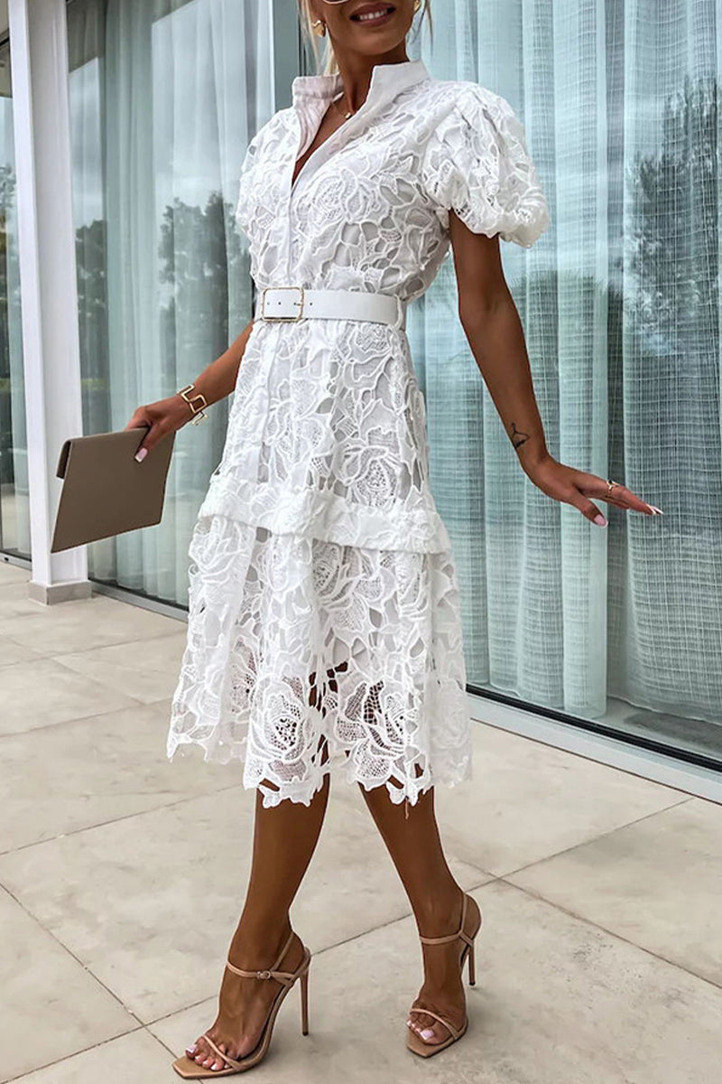 Valeria Effortless Solid Hollow Out Buttons with Belt, Turn Down Collar, a Line Dresses Designer Edit