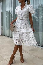 Valeria Effortless Solid Hollow Out Buttons with Belt, Turn Down Collar, a Line Dresses Designer Edit