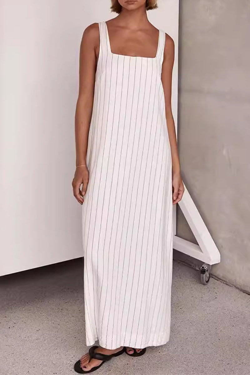 Soledad Elevated Casual Sleeveless Dresses with Striped Patchwork and Square Collar Designer Edit