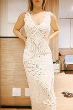 Sexy Vacation Solid Hook Flower Hollowed Out V Neck Beach Dresses