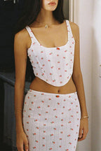 Sweet Elegant Print Flowers Backless U Neck Sleeveless Two Pieces