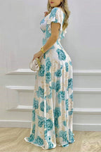 Elegant Print Flowers Flounce V Neck A Line Dresses