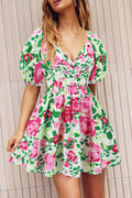 Sexy Vacation Floral Frenulum Contrast V Neck A Line Dresses