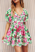 Sexy Vacation Floral Frenulum Contrast V Neck A Line Dresses