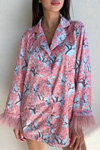 Floral Feathers Turndown Collar Long Sleeve Two Pieces