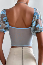 Sexy Butterfly Embroidered Draw String Mesh V Neck Low Waist T-Shirts