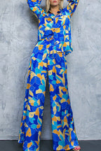 Casual Vintage Geometric Print Contrast Turndown Collar Long Sleeve Two Pieces