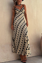 Caridad Premium Bohemian Holiday Dresses with Striped Patchwork and V Neck Boutique Collection