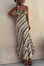 Caridad Premium Bohemian Holiday Dresses with Striped Patchwork and V Neck Boutique Collection