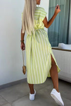 Elegant Striped Bandage Pocket Buckle Turndown Collar Shirt Dresses