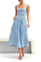 Angeline's Minimalist Solid Color Sleeveless Loose Denim Dresses with Pocket Buckle and V Neck Boutique Collection