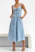 Angeline's Minimalist Solid Color Sleeveless Loose Denim Dresses with Pocket Buckle and V Neck Boutique Collection