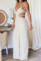 Casual Solid Pocket Backless V Neck Loose Jumpsuits