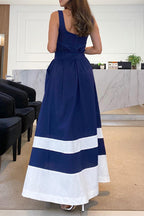 Agustina Statement Casual Striped Patchwork Sling Dresses with Square Collar Boutique Collection