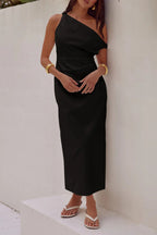 Sexy Solid Asymmetrical Oblique Collar One Step Skirt Dresses