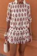 Sweet Elegant Geometric Embroidered Fold Half A Turtleneck Half Sleeve Two Pieces