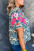 Casual Geometric Print Flowers Contrast Lotus Leaf Collar T-Shirts