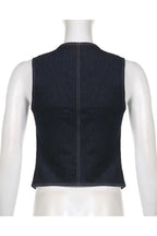 Casual Solid Pocket Buttons V Neck Sleeveless Regular Denim Jacket