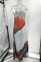 Sexy Print Flowers Patchwork See-through Square Collar Sling Dresses