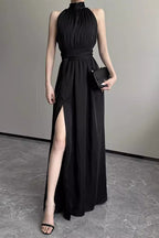 Celebrities Elegant Solid Slit Fold Halter Waist Skirt Dresses