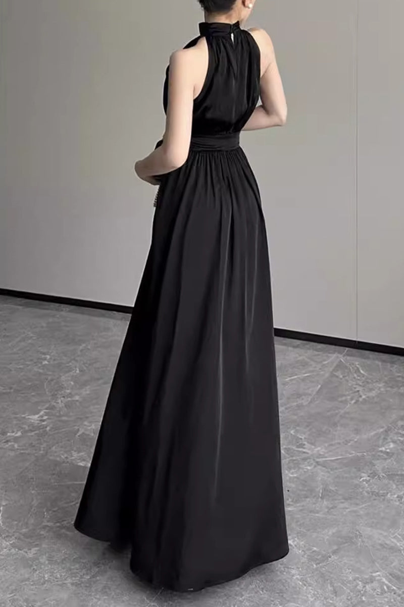 Karol Timeless Solid Color Dresses with Halter Waist Skirt and Slit Premium Wardrobe Essential