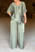 Casual Simplicity Solid Pocket V Neck Three Quarter Two Pieces(3 Colors)