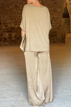 Casual Simplicity Solid Pocket V Neck Three Quarter Two Pieces(3 Colors)