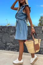 Ivette Chic Casual Solid Color Sleeveless Denim Dresses with Flounce and V Neck Statement Occasion Edit