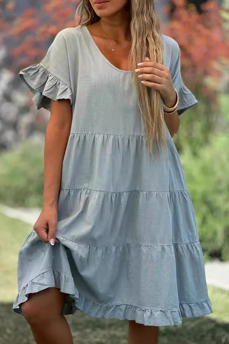 Casual Simplicity Solid Flounce O Neck A Line Short Sleeve Dress(3 Colors)