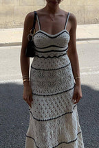 Fabiola Boutique Solid Color Hollow Out Contrast One Tier V Neck Skirt Dresses Evening Wear Edit