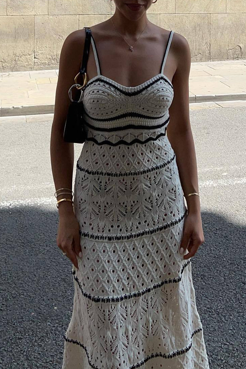 Fabiola Boutique Solid Color Hollow Out Contrast One Tier V Neck Skirt Dresses Evening Wear Edit