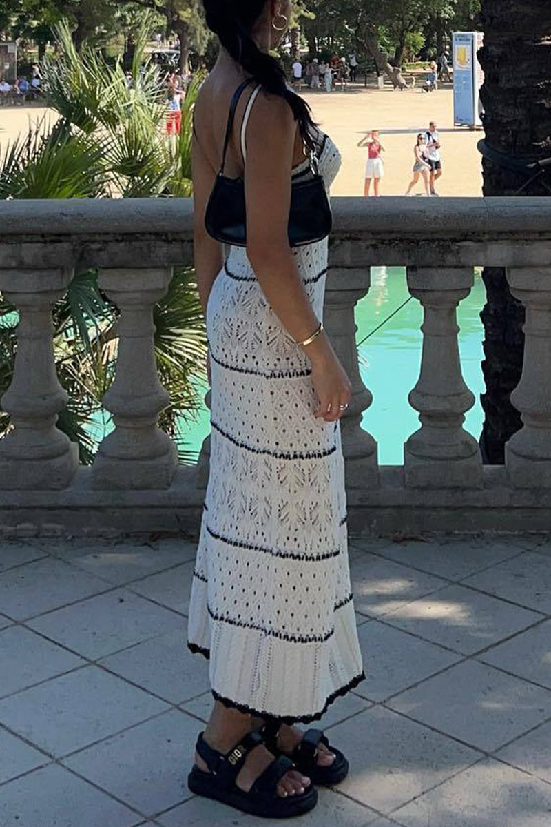 Fabiola Boutique Solid Color Hollow Out Contrast One Tier V Neck Skirt Dresses Evening Wear Edit