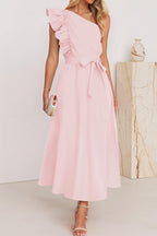 Sweet Elegant Solid Bandage Stringy Selvedge Oblique Collar A Line Dresses(5 Colors)
