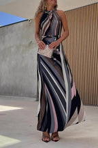 Dalia Exclusive Bandage Contrast Halter Dresses with One Tier Skirt and Geometric Print Designer Dress Edit