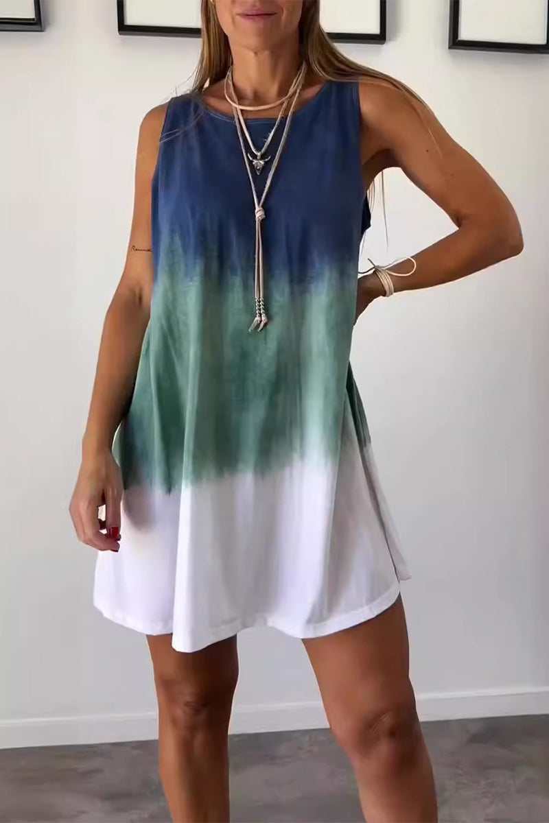 Bianca Boutique Casual Tie Dye Contrast Gradient Sleeveless Dresses with O Neck Elevated Occasion Wear