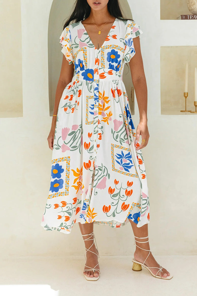Bohemian Elegant Not Positioning Printed Flowers Pocket V Neck A Line Dresses